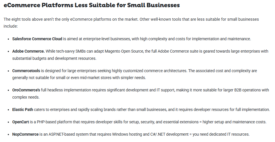 A screenshot of section listing products that are less suitable for the target audience