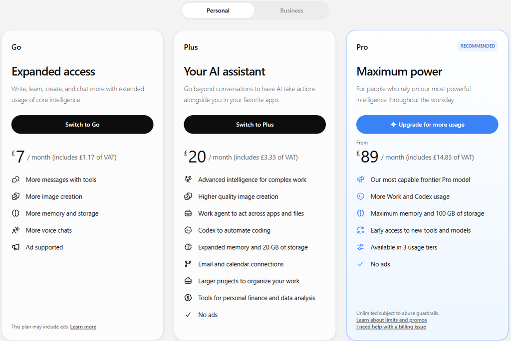 ChatGPT pricing