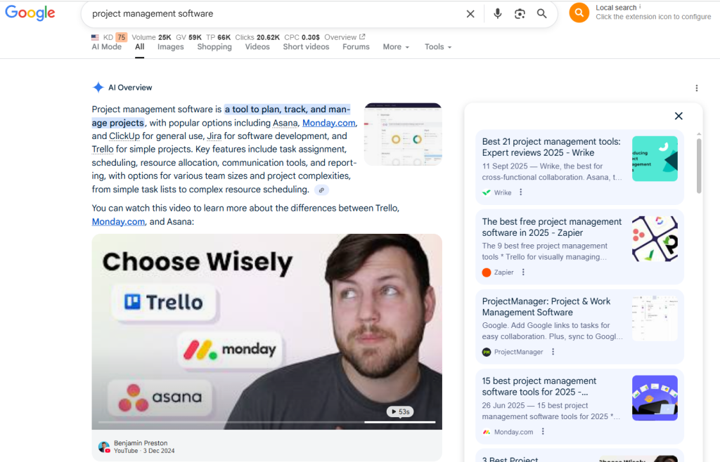 screenshot of ai overview for project management software showing sources, most of which are "best" listicles. 