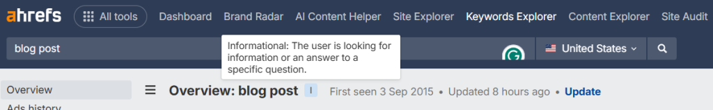 screenshot from Ahrefs showing the user intent for blog post