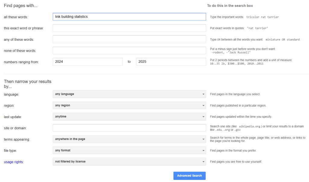 Screenshot of Google Advanced Search panel