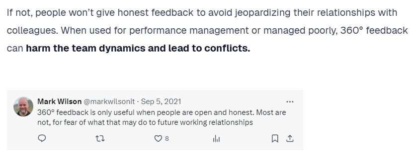 Screenshot from my article about 360 feedback I wrote for honestly showcasing how I used a linkedin post to capture unique perspectives