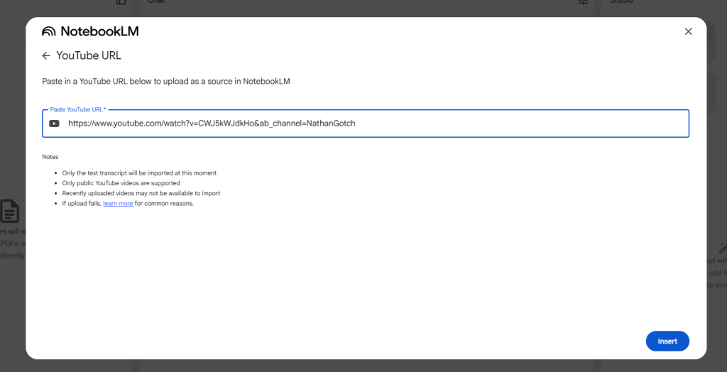 Screenshot of NotebookLM upload page where I'm uploading a YouTube video