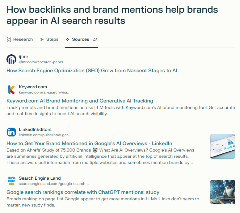 Screenshot from Perplexity showing Deep Research results and sources for a querry about the impact of brand mentions and links on visibility in ai overviews