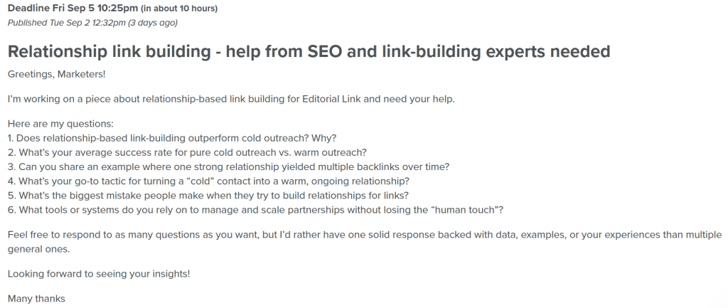 Screenshot from Qwoted, the PR platform, showing my request for SME contributions for an article about relationship link building