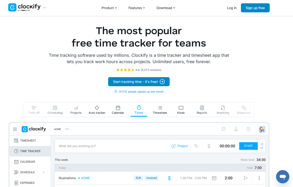 best freelance writer tools: clockify homepage