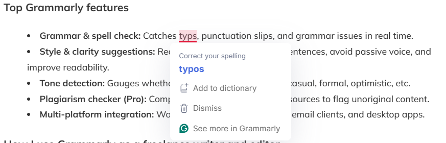 best freelance writer tools: grammarly pop up screenshot