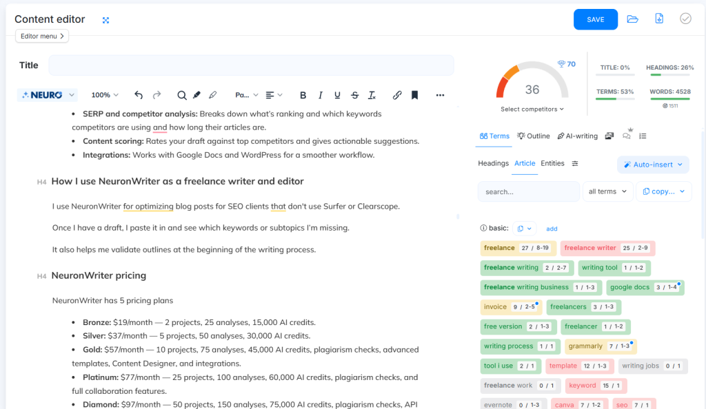 Best Freelance Writer Tools: neuronwriter editor screenshot