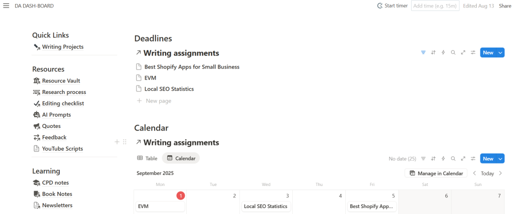 best freelance writer tools: my notion dashboard