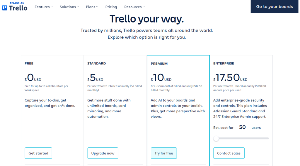 best freelance writer tools: trello pricing