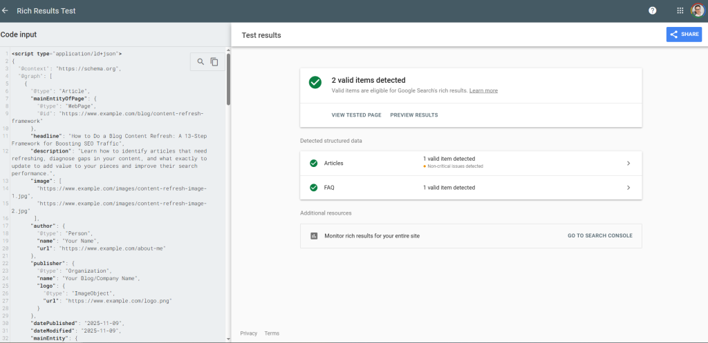 Screenshot of Google's rich results test tool