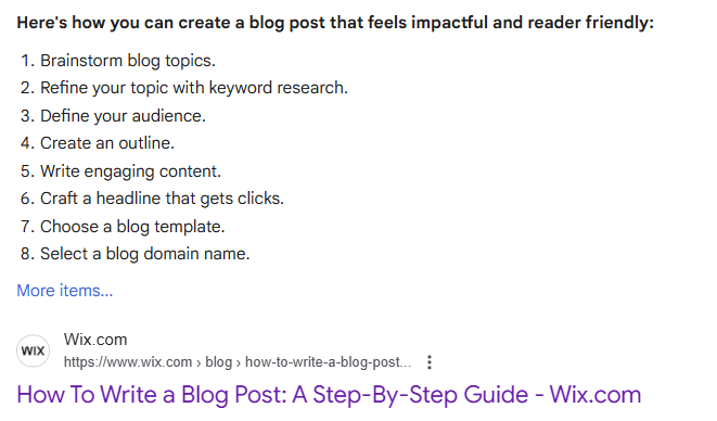 featured snippet example: a list of step from a wix guide on how to write blog posts