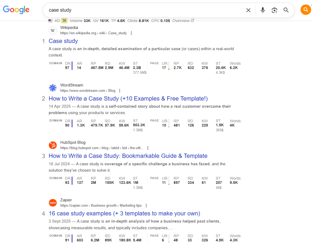 screenshot from google serp for keyword case study