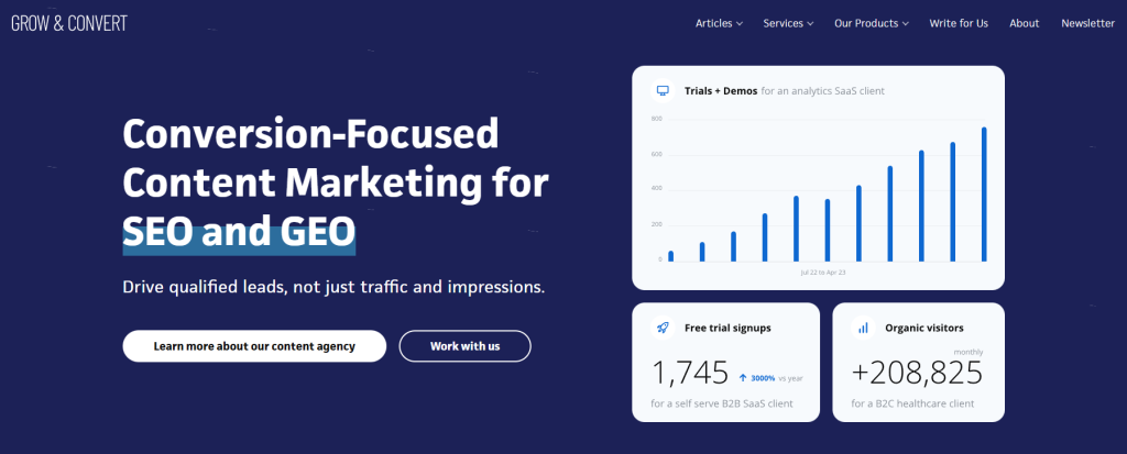 Best B2B SaaS Content Marketing Agencies website screenshot: Grow and Convert