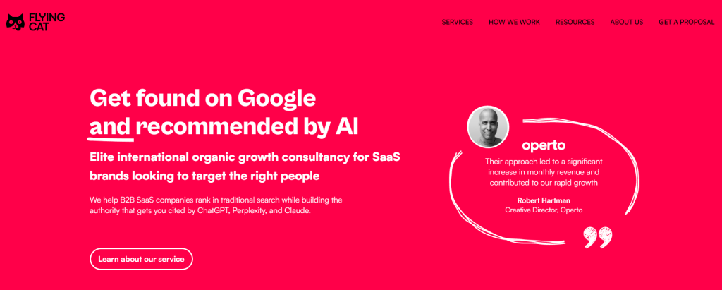 Best B2B SaaS Content Marketing Agencies website screenshot: Flying cat marketing