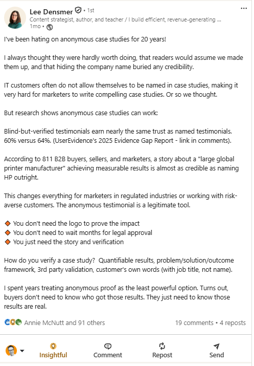 screenshot from Lee Densmer's linkedin post
