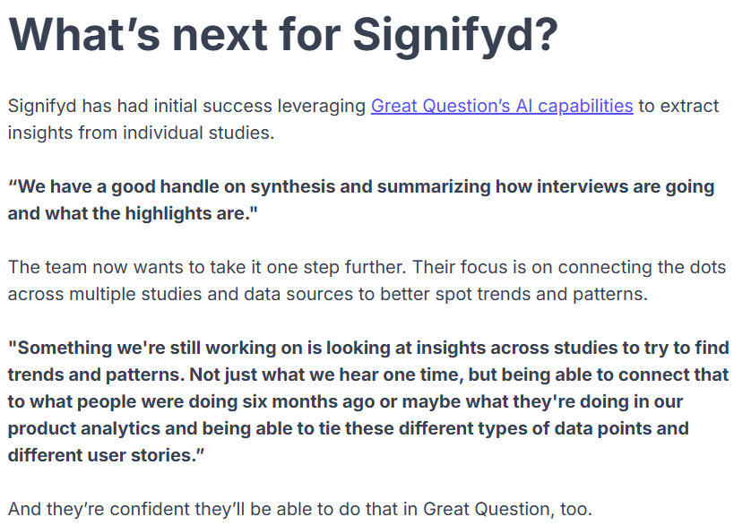 a screenshot from the what's next section in a Great Question case study