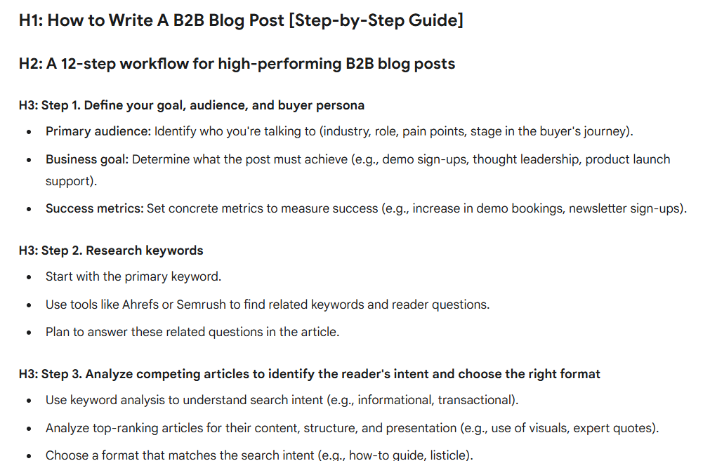 a screenshot of my outline for the article how to write a b2b blog post pawel tatarek freelance content writer