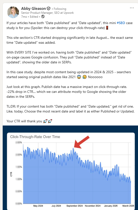 A screenshot of a linkedin post by Abby Gleason explaining how displaying both published and last updated dates on the webpage can confuse google, resulting in wrong date being displayed in serps and lower CTRs