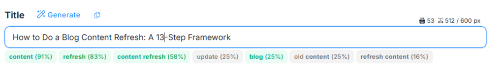 Screenshot of the NeuronWriter title writing guide for this article based on the ranking content