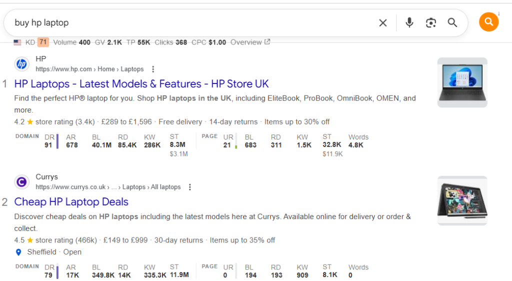 screenshot of serp for “buy hp laptops” with transactioanl search intent