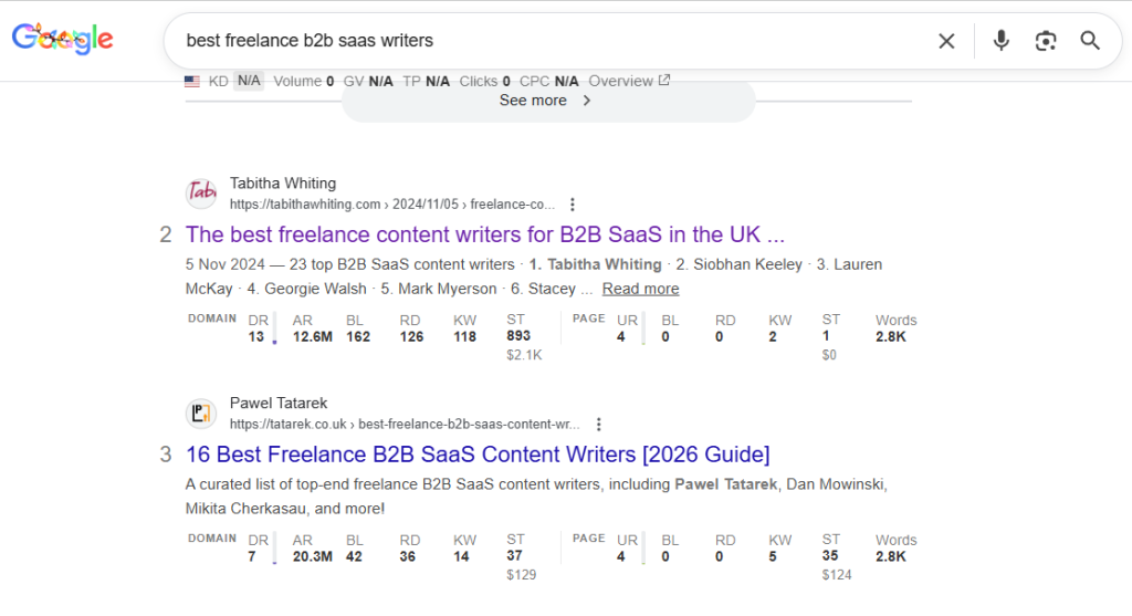 screenshot of serp for “best freelance b2b saas writers” with commercial search intent
