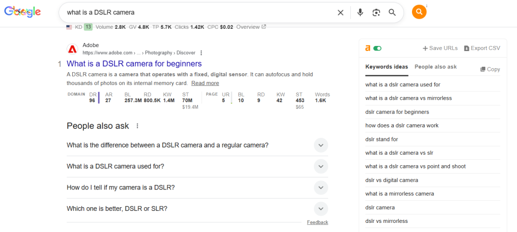 screenshot of serp for "what is a DSLR camera" with informational intent
