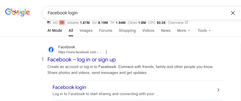 screenshot of serp for “Facebook login” with navigational search intent