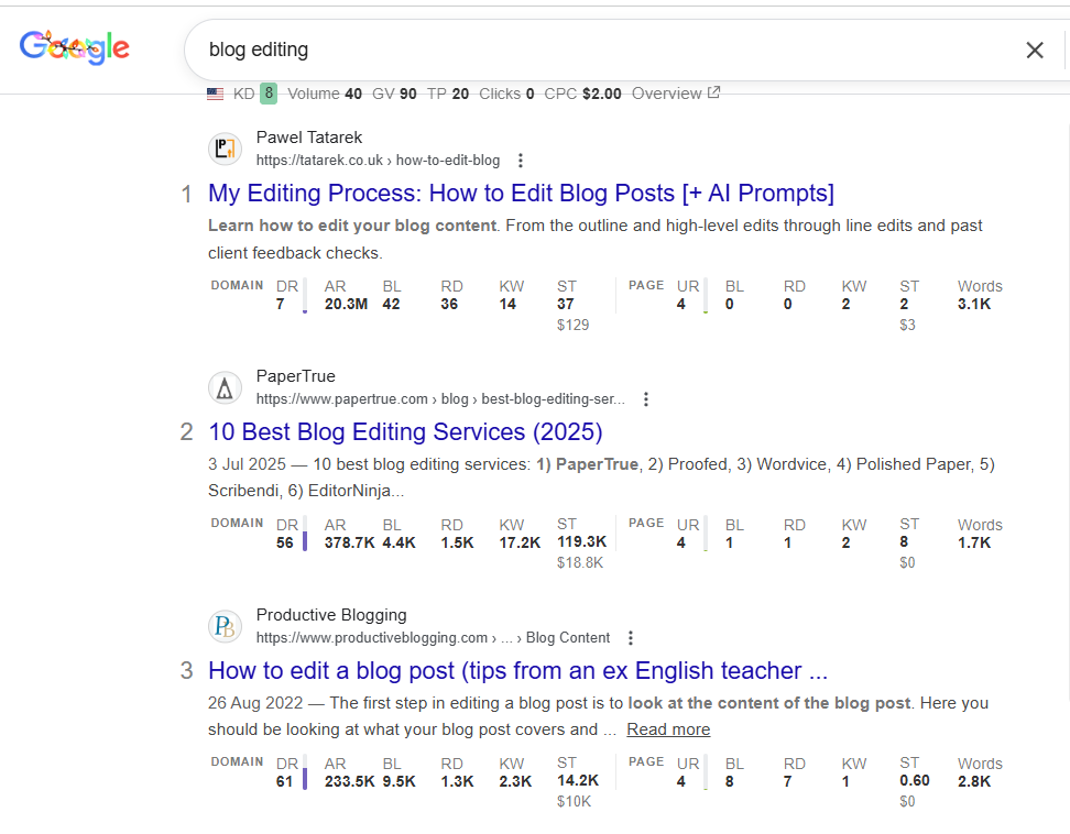 screenshot of serp for “blog editing” with mixed search intent