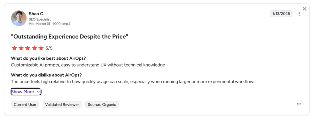 screenshot of an airops g2 review regarding steep pricing