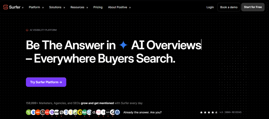 screenshot of surfer homepage
