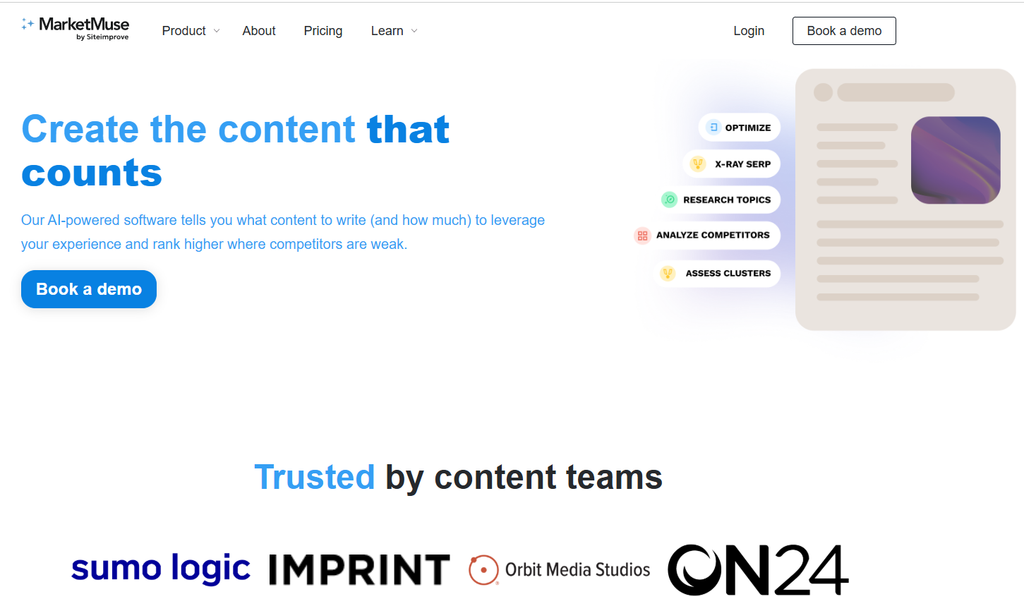 screenshot of marketmuse homepage